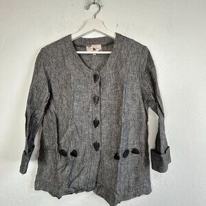 Earth Song Petite Gray Linen Button-Up Blouse With Unique Leaf Buttons Size 4P
